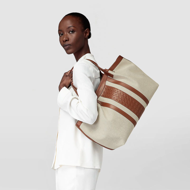 Secret tote bag in canvas and mosaico - natural/cuoio