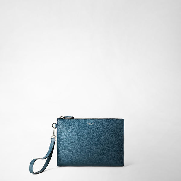 Pouch with zip in cachemire leather - denim blue