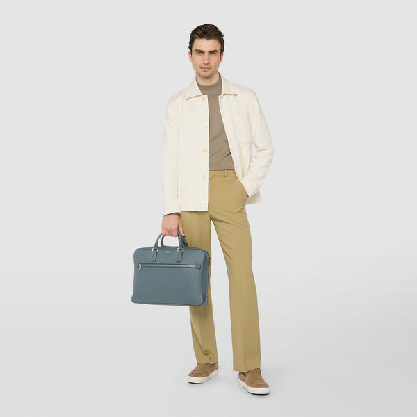 Slim briefcase in evoluzione leather - avio blue