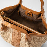 Mini secret bag in raffia and seta leather - natural/caramel