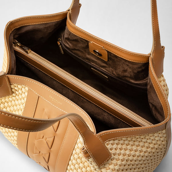 Small secret tote bag in raffia and seta leather - natural/almond