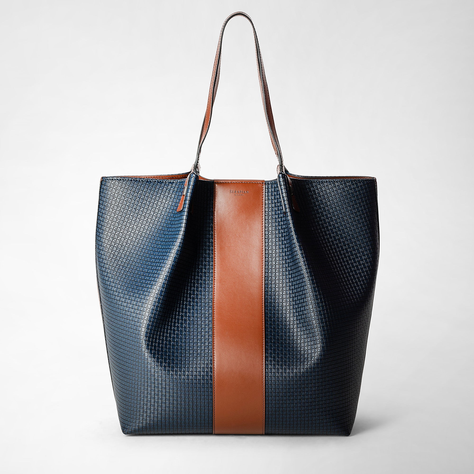 Vertical secret tote bag in stepan 72 ocean blue- cuoio – Serapian  