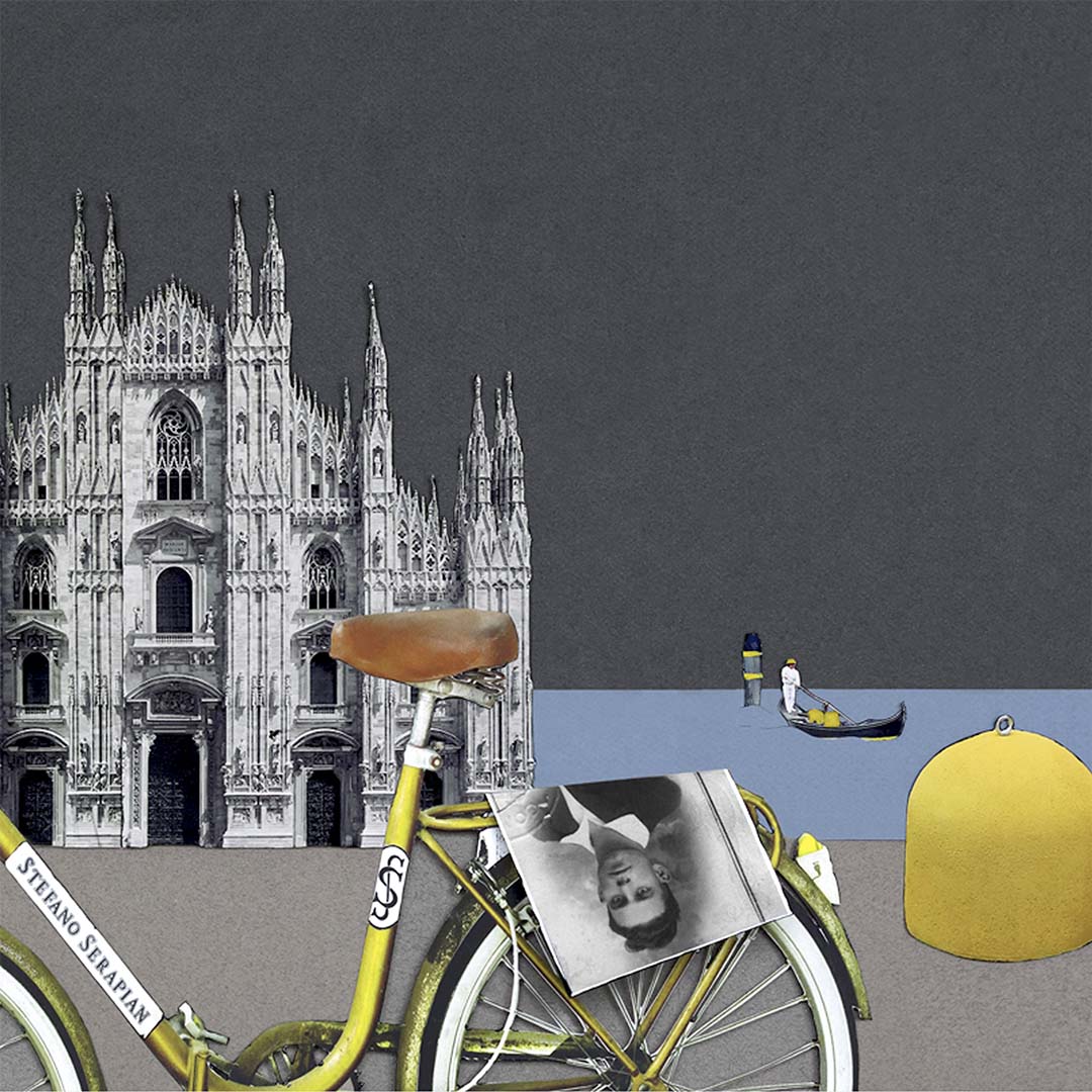 Artistic photomontage with photo of Stefano Serapian on the back of a bicycle and Milan Cathedral and Venetian gondolier in the background