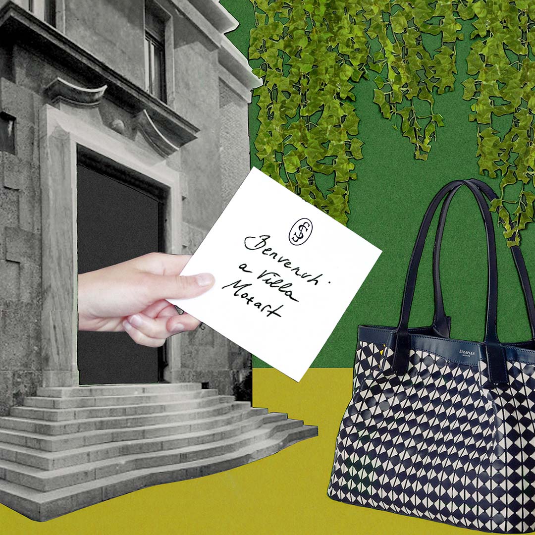 creative design with note saying 'welcome to Villa Mozart' and Secret Tote Bag in Mosaico - Serapian