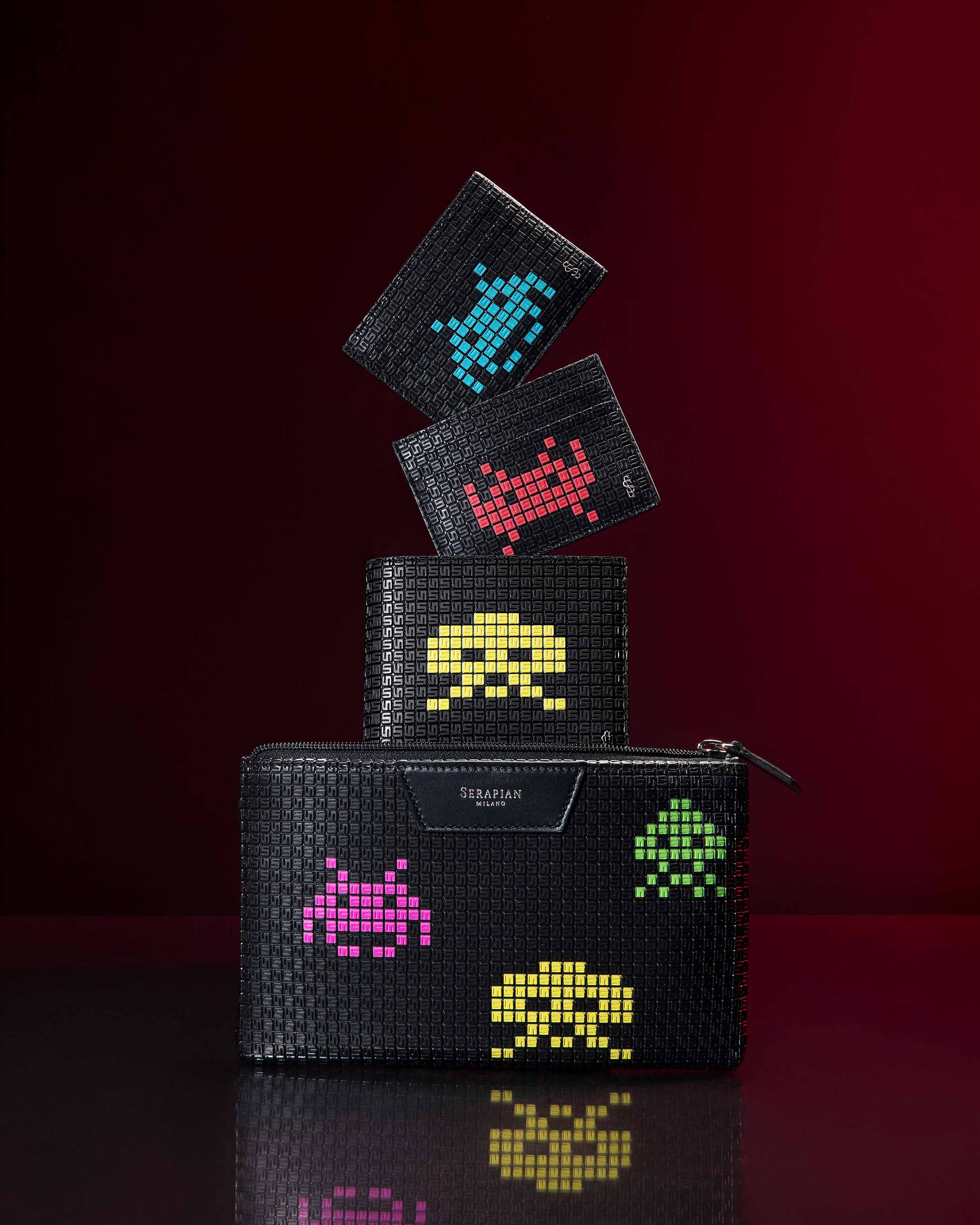 4-card Holder in Stepan, 4-card Billfold Wallet With Coin Pouch in Stepan, Mask Pouch With Zip in Stepan - Serapian X Space Invaders Collection