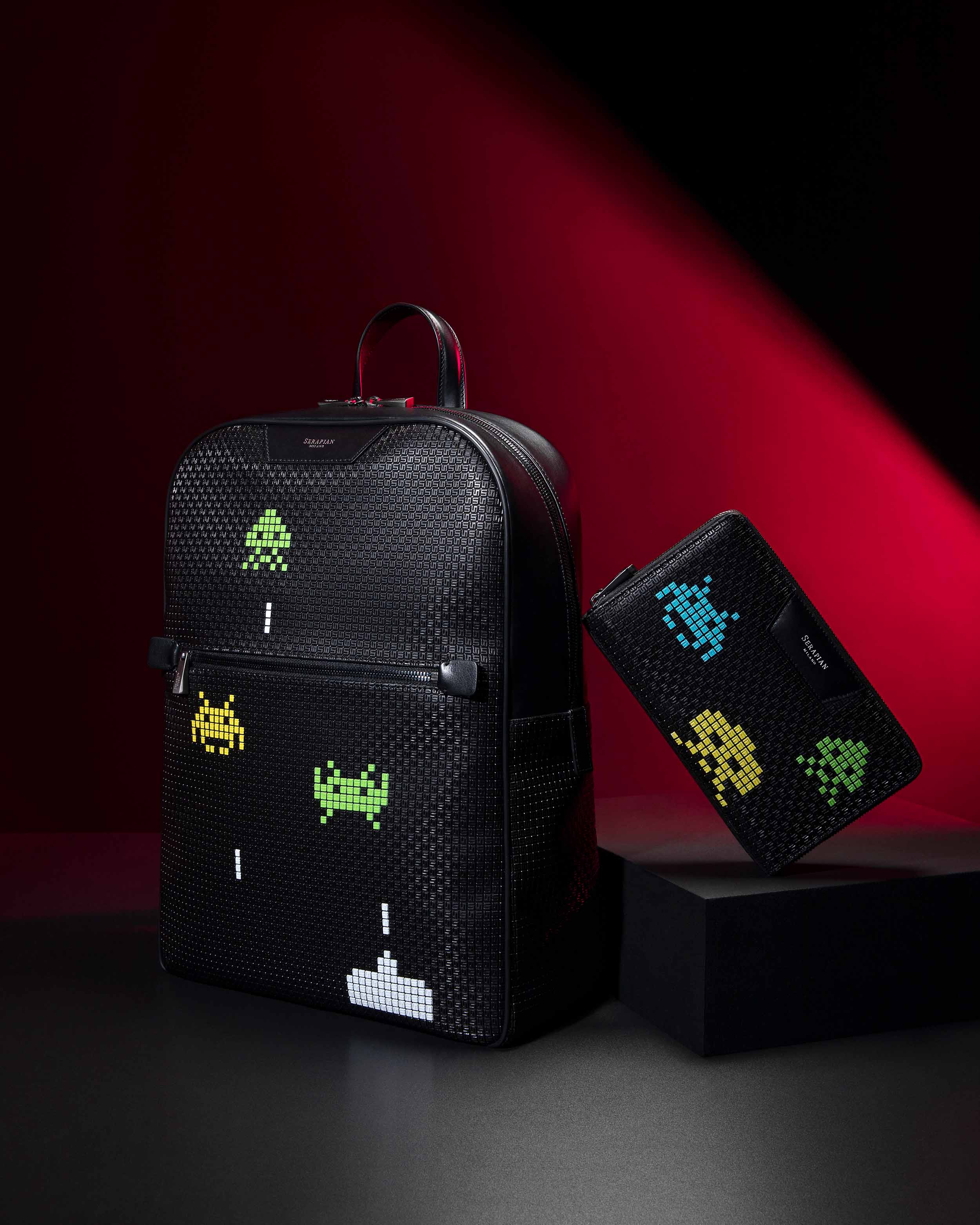 Backpack in Stepan, Mask Pouch With Zip in Stepan - Serapian X Space Invaders Collection