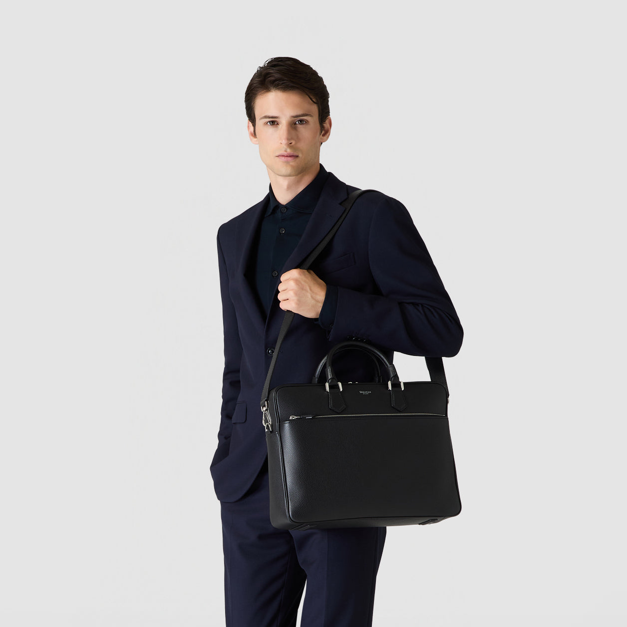 Slim Briefcase in Italian Tumbled Calfskin, Black