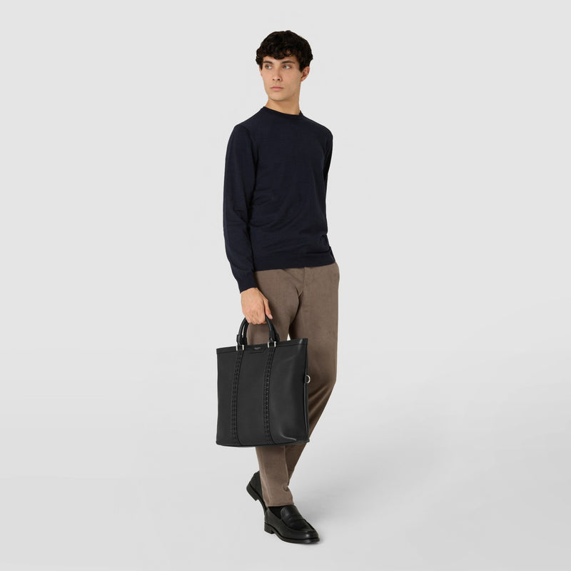 Foldable tote bag in cachemire leather and mosaico - black