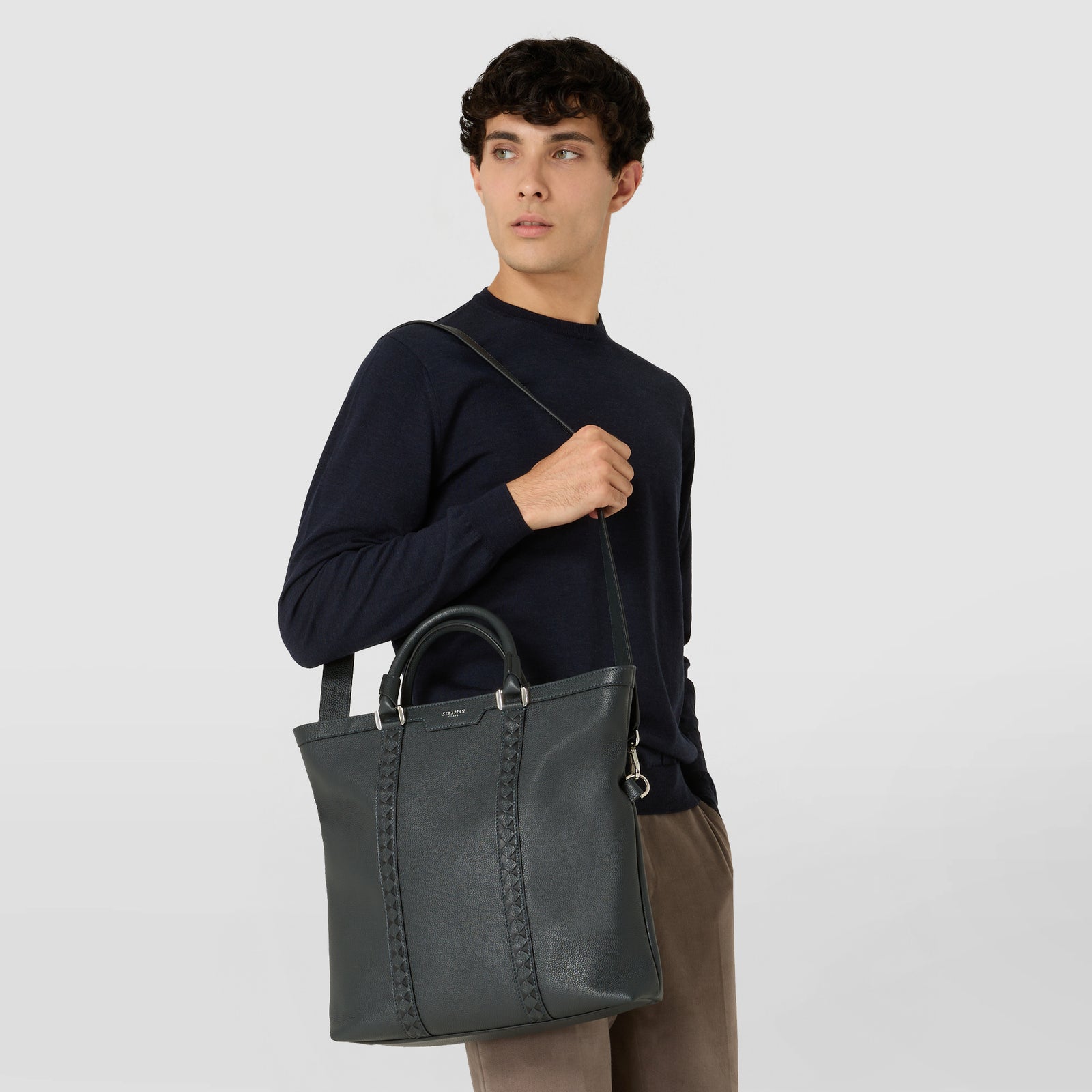 Men's tote bag in leather and Mosaico navy/blue