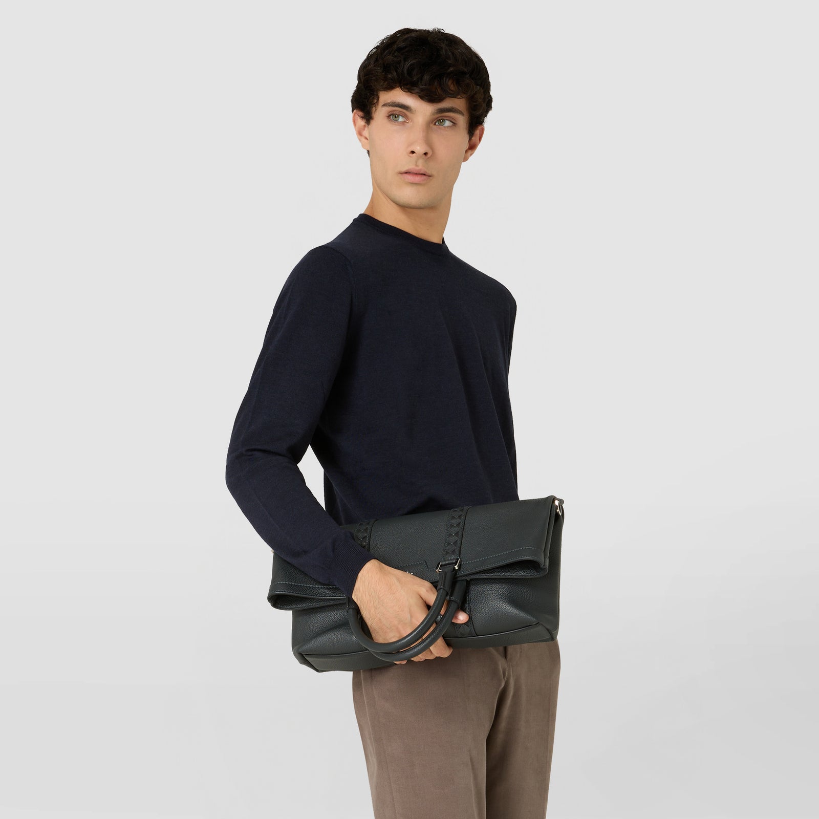 Men's tote bag in leather and Mosaico navy/blue