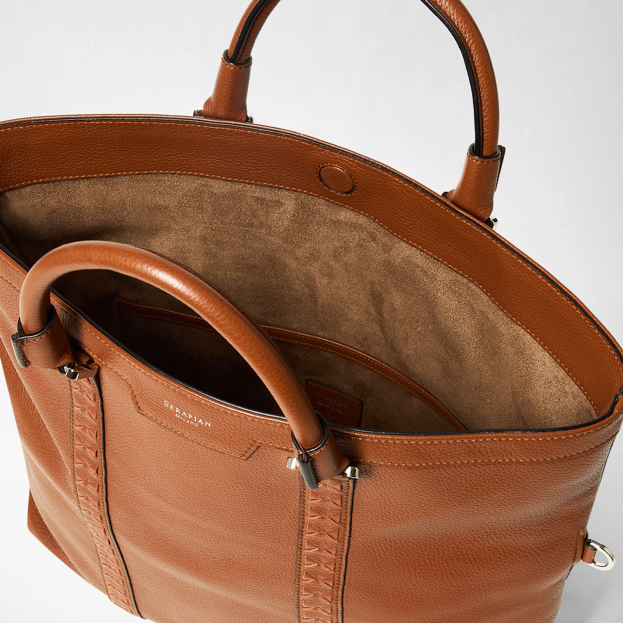 Men's tote bag in leather and Mosaico tobacco