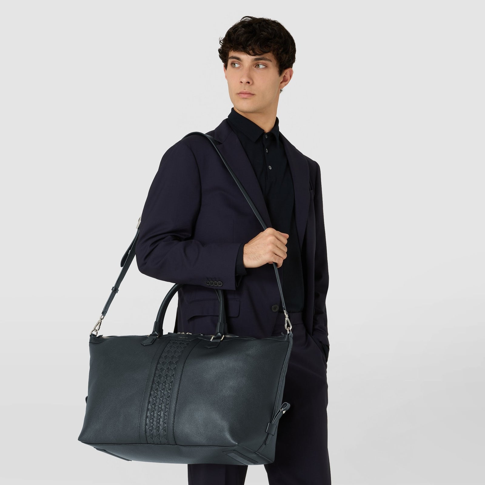 MOSAICO＆レザー ネイビートラベルバッグ