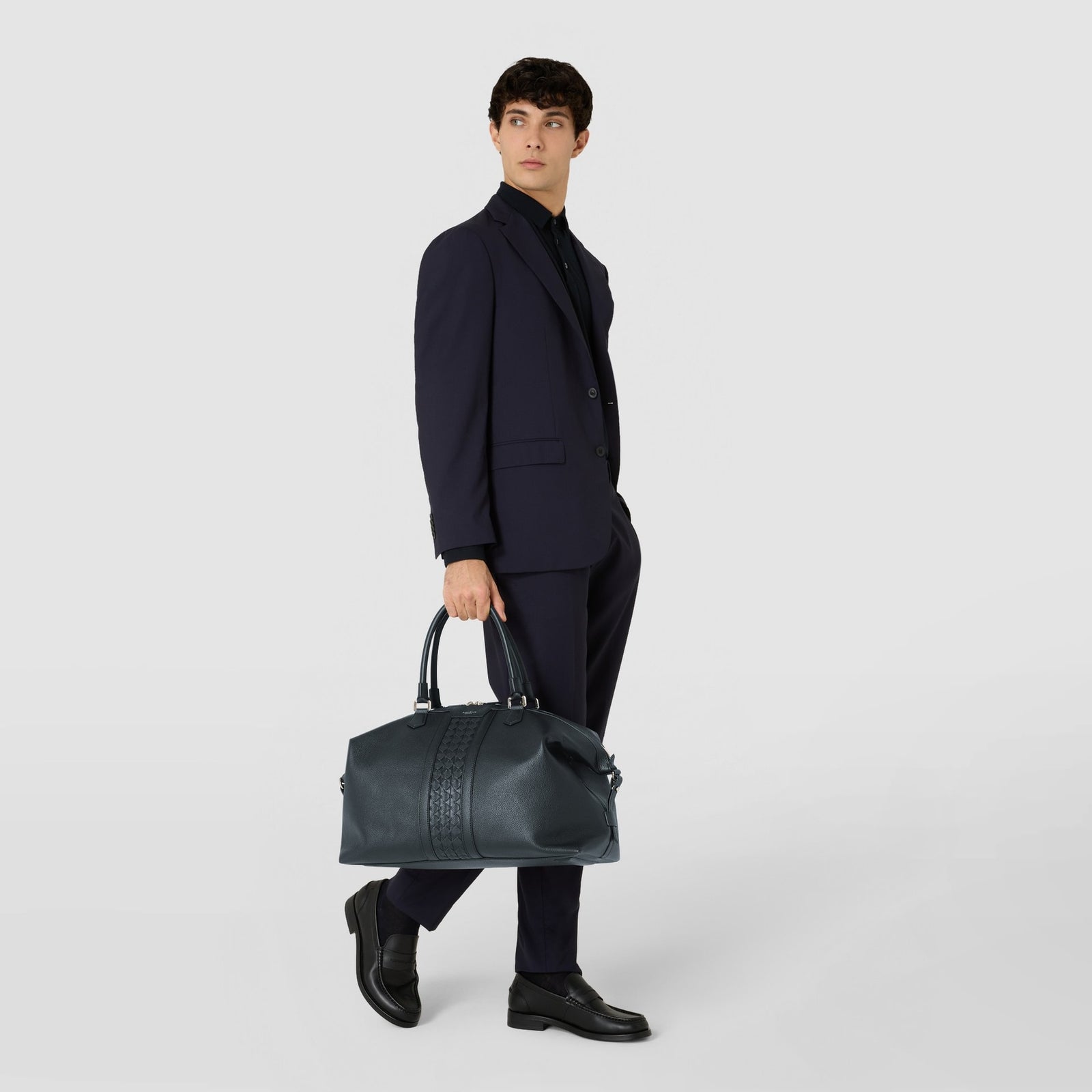 MOSAICO＆レザー ネイビートラベルバッグ