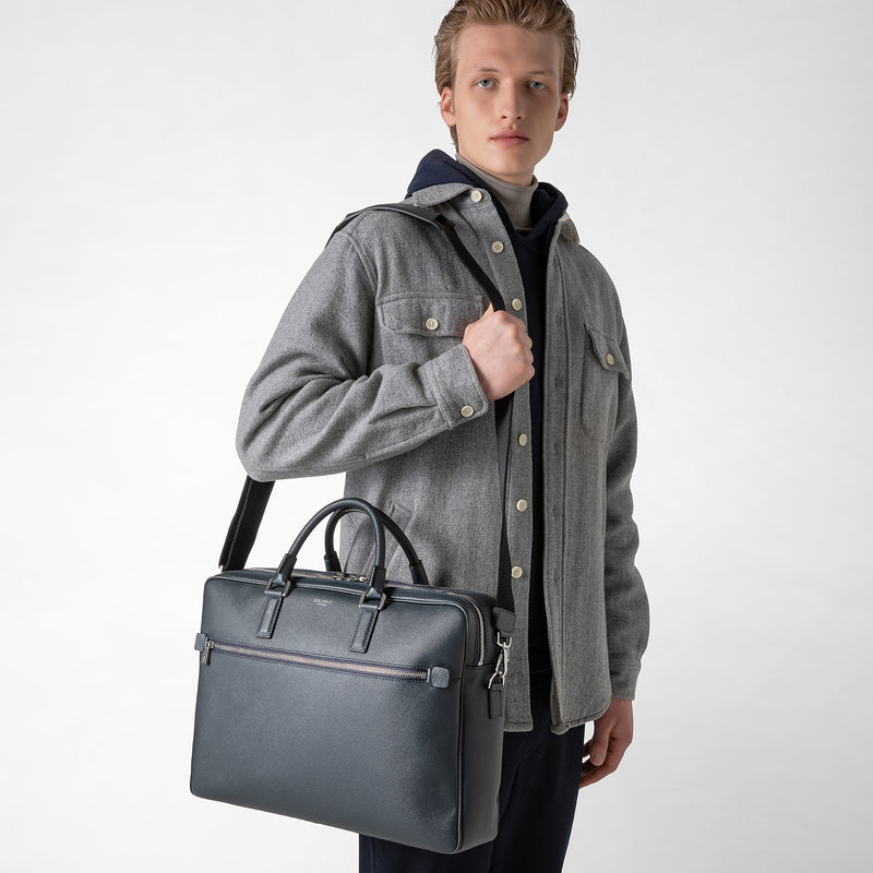 Double gusset briefcase in evoluzione leather - navy blue