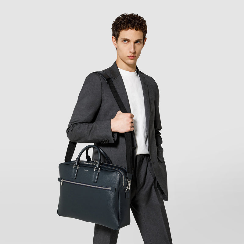 Double gusset briefcase in evoluzione leather - navy blue