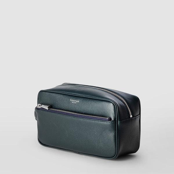 Wash bag in recycled twill and evoluzione leather - navy blue