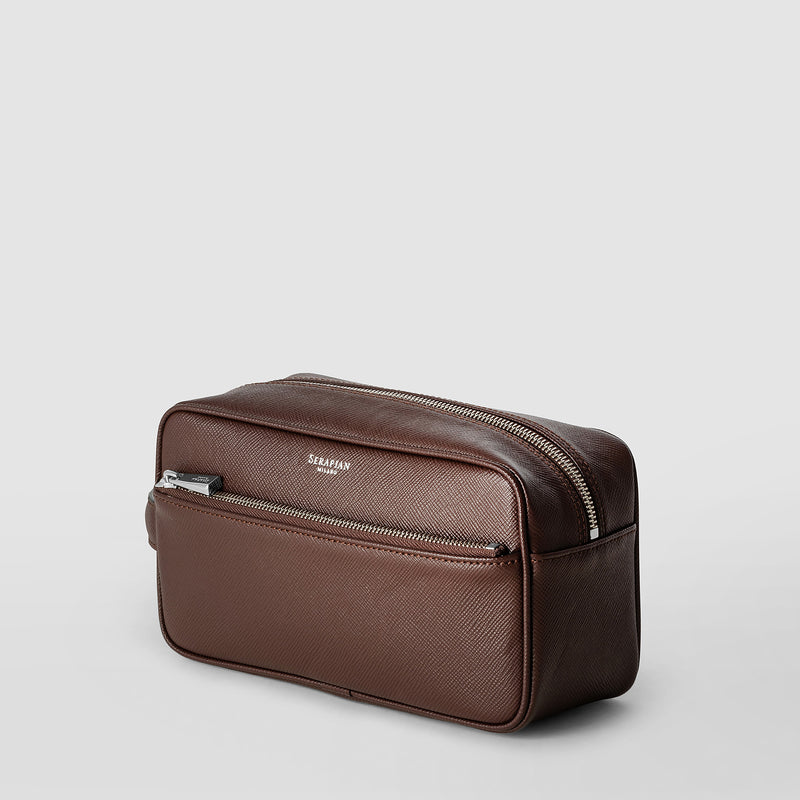 Wash bag in recycled twill and evoluzione leather - burgundy