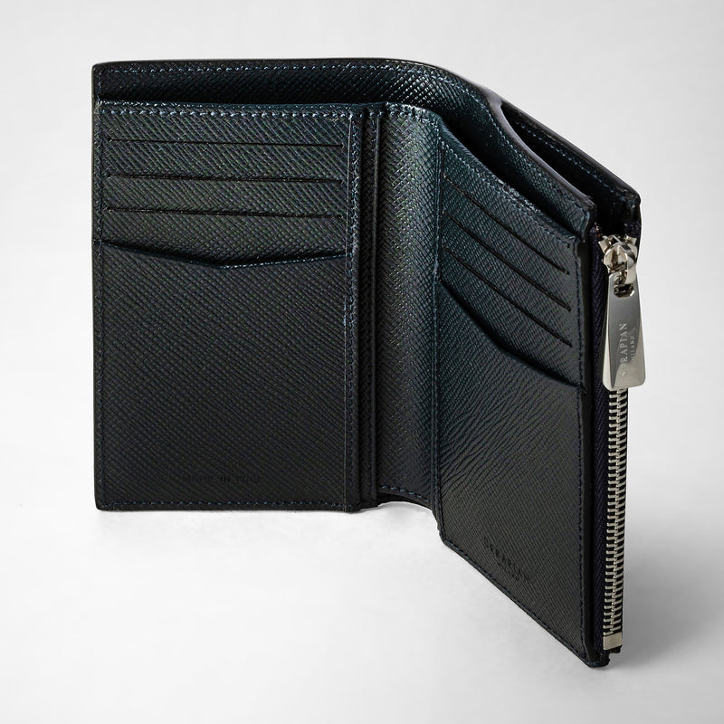 Vertical billfold with zip in evoluzione leather - navy blue