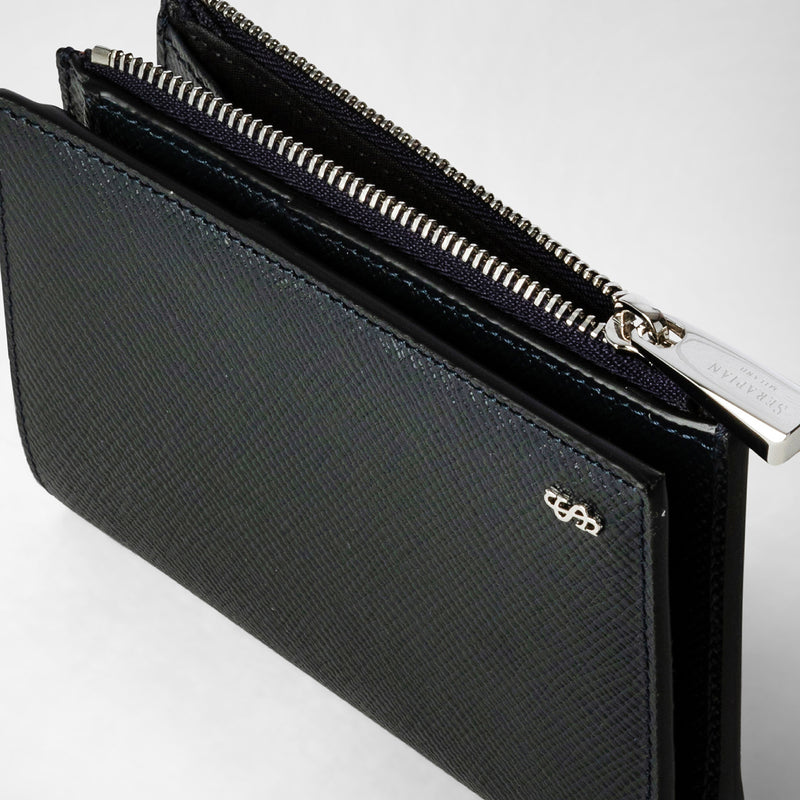 Vertical billfold with zip in evoluzione leather - navy blue