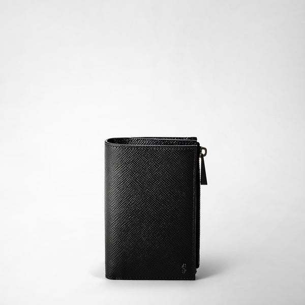 Vertical billfold with zip in evoluzione leather - black eclipse