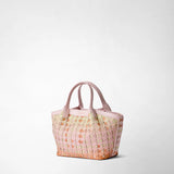 Frontal view: MINI SECRET BAG IN MOSAICO MESTIERI D'ARTE shows a handcrafted bokashi-pink woven-leather mini bag with short handles on a white background; 'SERAPIAN' embossing visible.