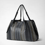 Front view of the MAXI SECRET TOTE BAG IN MOSAICO MESTIERI D'ARTE featuring black leather, colorful Mosaico elements, and long adjustable handles.