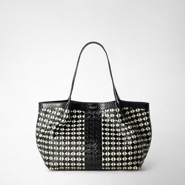 Small secret tote bag in mosaico and elaphe - black/off white