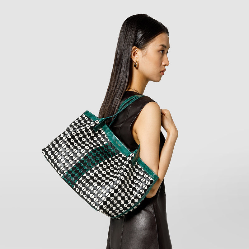Small secret tote bag in mosaico and elaphe - black/off-white/emerald