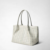 Frontal view: SMALL SECRET TOTE BAG IN MOSAICO AND ELAPHE shows a moon-grey Mosaico nappa with Elaphe inserts, two long handles and a roomy, upright shape on a neutral background; Text: SERAPIAN.