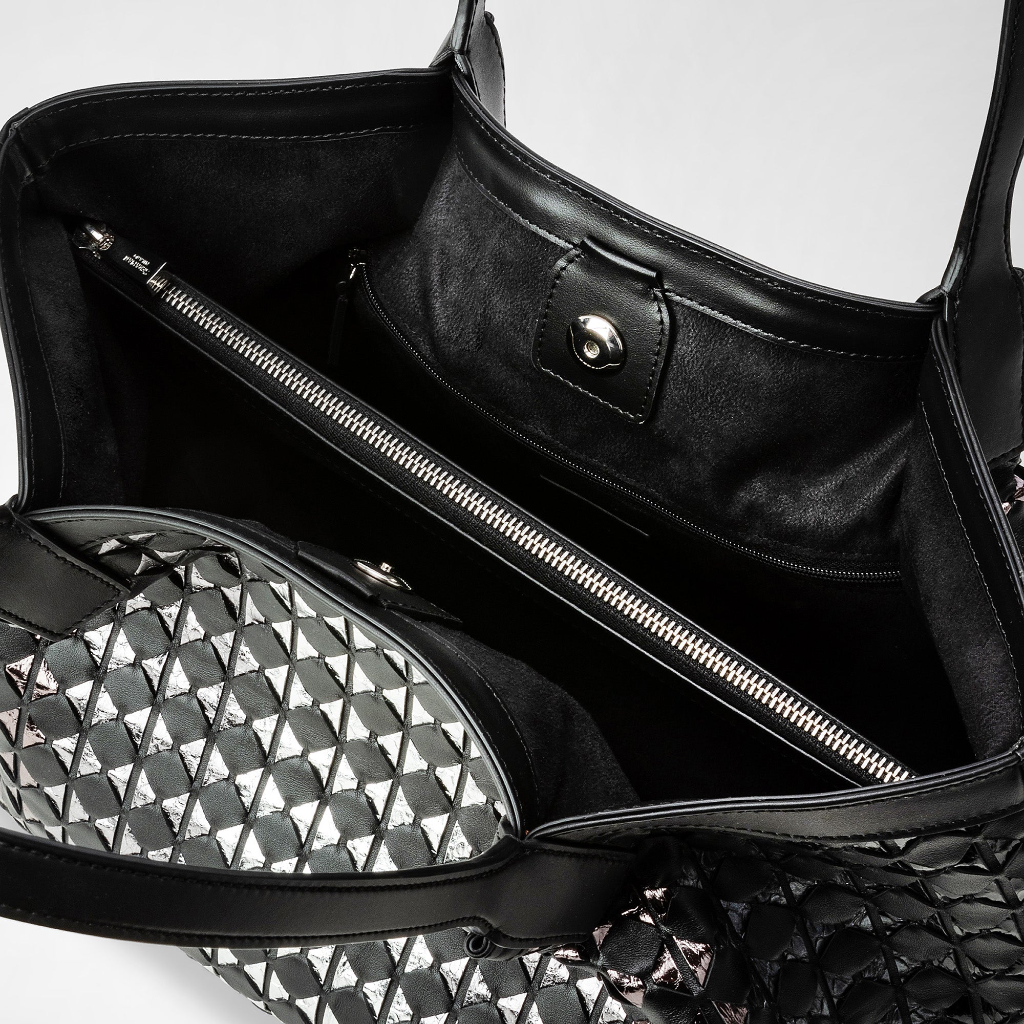 【SERAPIAN】MOSAICO＆ELAPHE製SECRETトートバッグ Secret tote bag in mosaico and elaphe black off-white