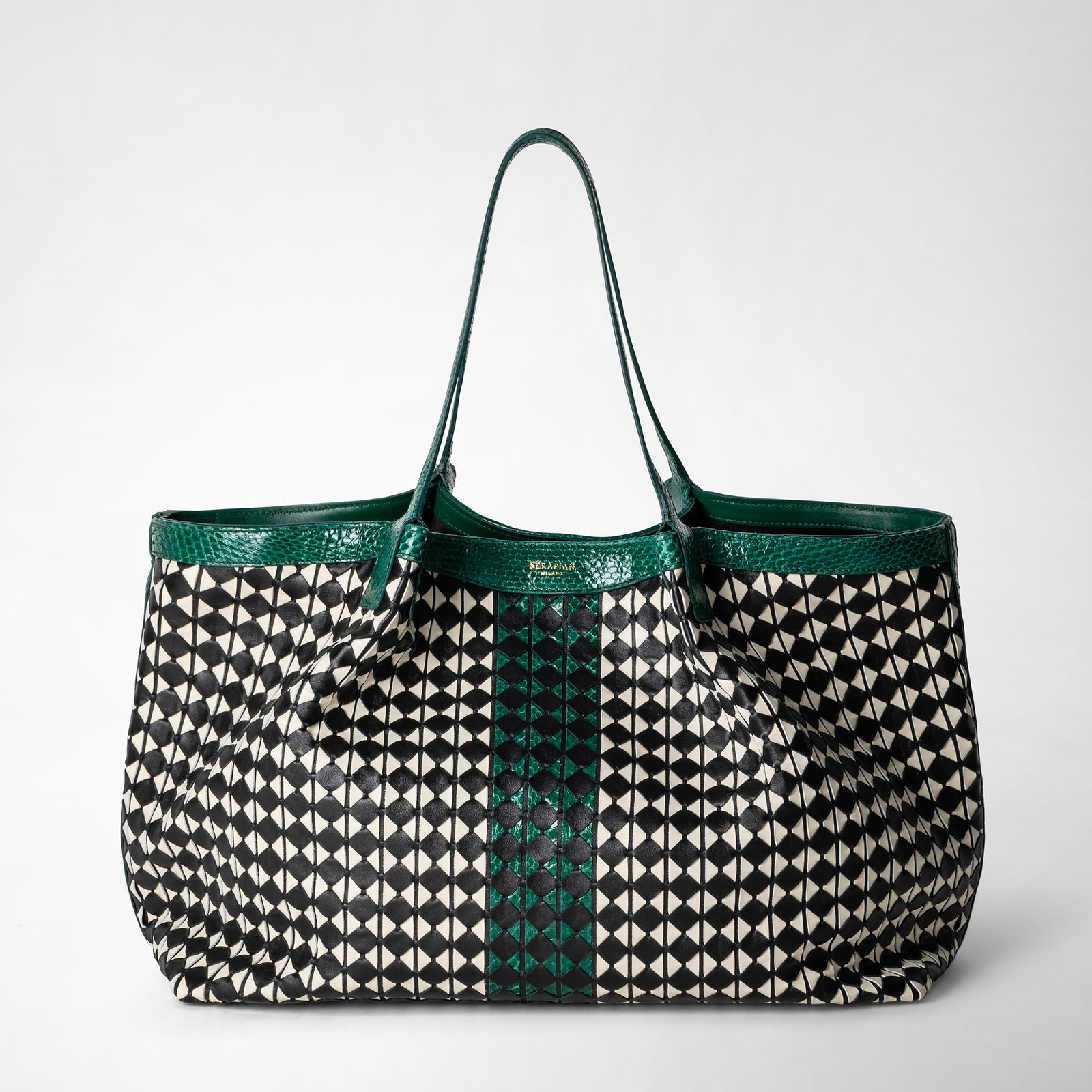 【SERAPIAN】MOSAICO＆ELAPHE製SECRETトートバッグ Secret tote bag in mosaico and elaphe black