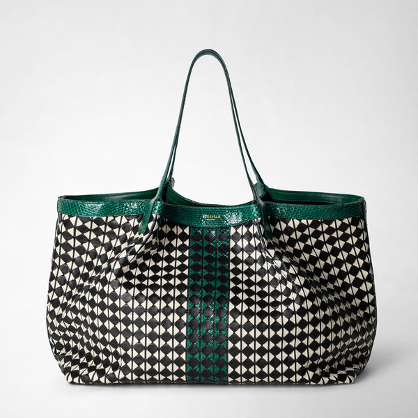 Tote bag secret in mosaico ed elaphe - black/off-white/emerald