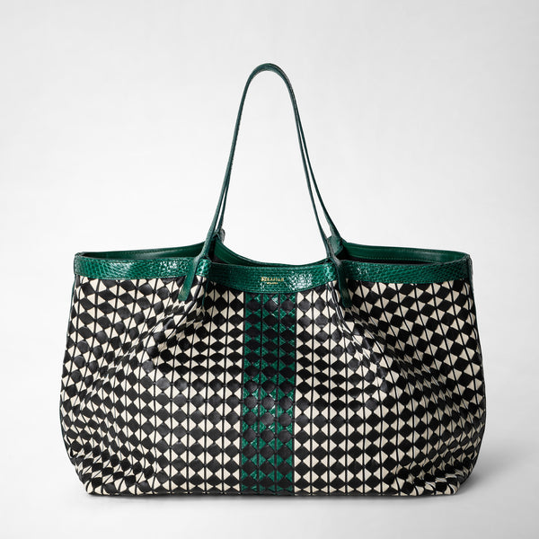 Sac cabas secret en mosaico et elaphe - black/off-white/emerald