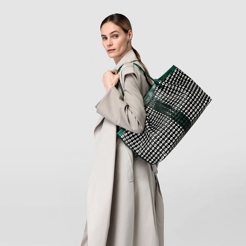 Secret tote bag in mosaico and elaphe - black/off-white/emerald