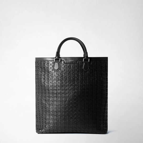 Frontal view: DAY TOTE BAG IN MOSAICO features a large black leather tote with a geometric woven texture, two top handles, and subtle branding at the top center.