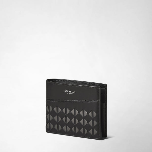 Side view: 6-CARD BILLFOLD WALLET IN MOSAICO shows a black nappa leather wallet with a geometric mosaic handwoven pattern, visible slots, and &#39;SERAPIAN MILANO&#39; text embossed on the front.