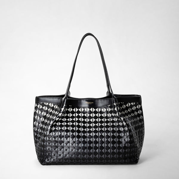 Frontal view: SMALL SECRET TOTE BAG IN MOSAICO displays a black nappa leather tote bag with geometric woven Mosaico pattern and two shoulder straps, logo 'SERAPIAN' visible.