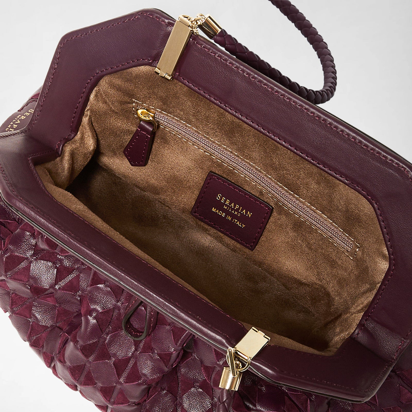 「SERAPIAN」SECRET 編み込みレザー クラッチ Secret clutch bag in mosaico off-white