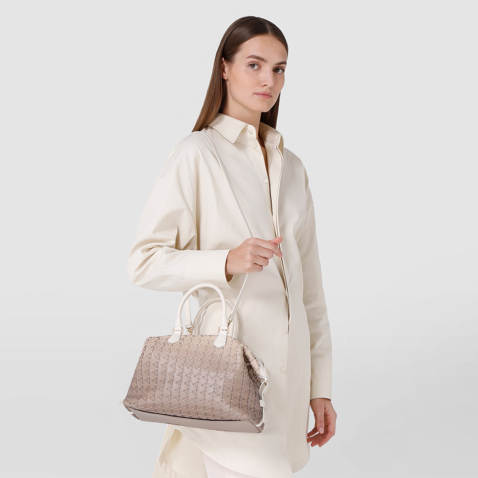 Designer small hand bag in Mosaico leather shaded sahara