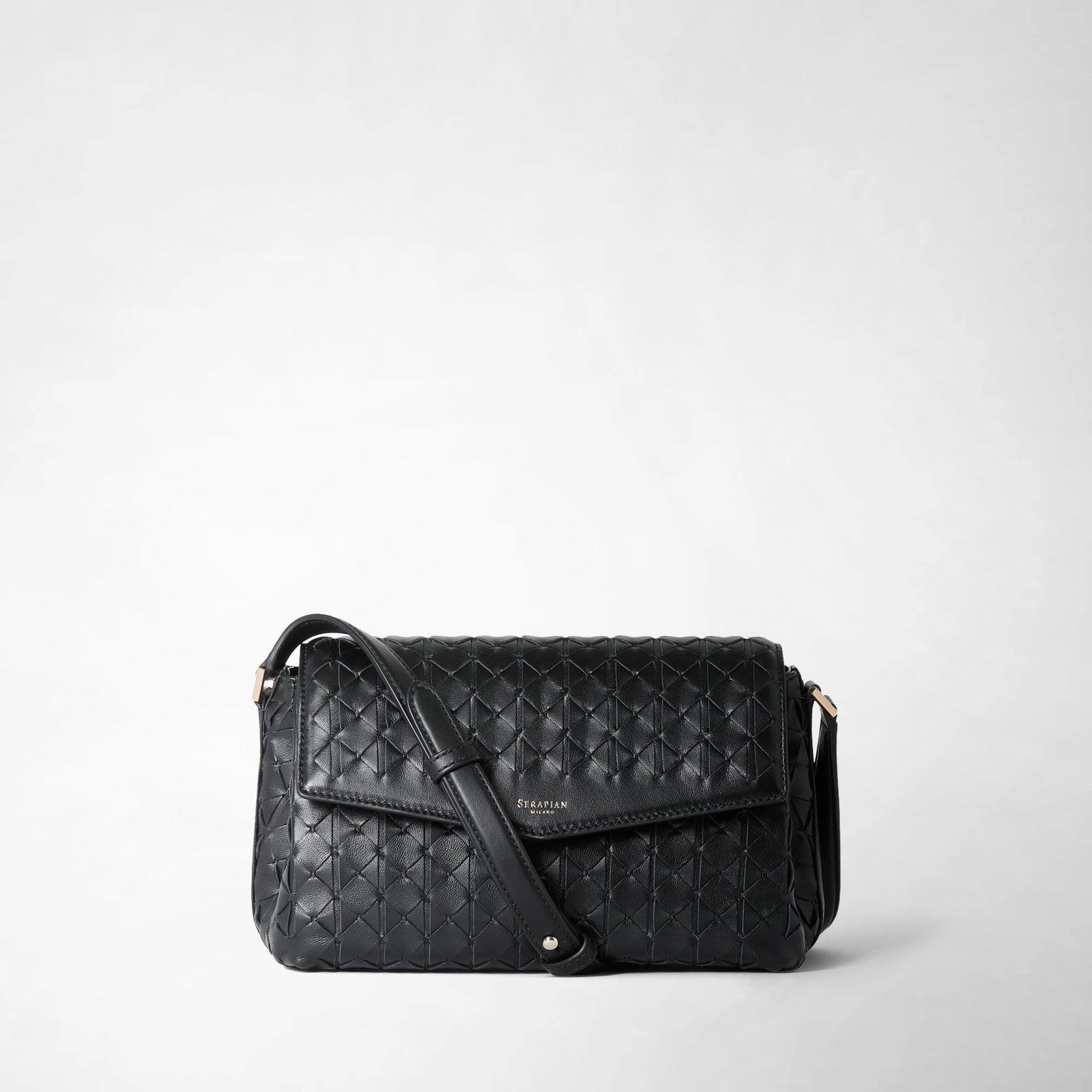 SERAPIAN MOSAICO ブラック レザー ショルダーバッグ　編み込み Leather crossbody bag in Mosaico black