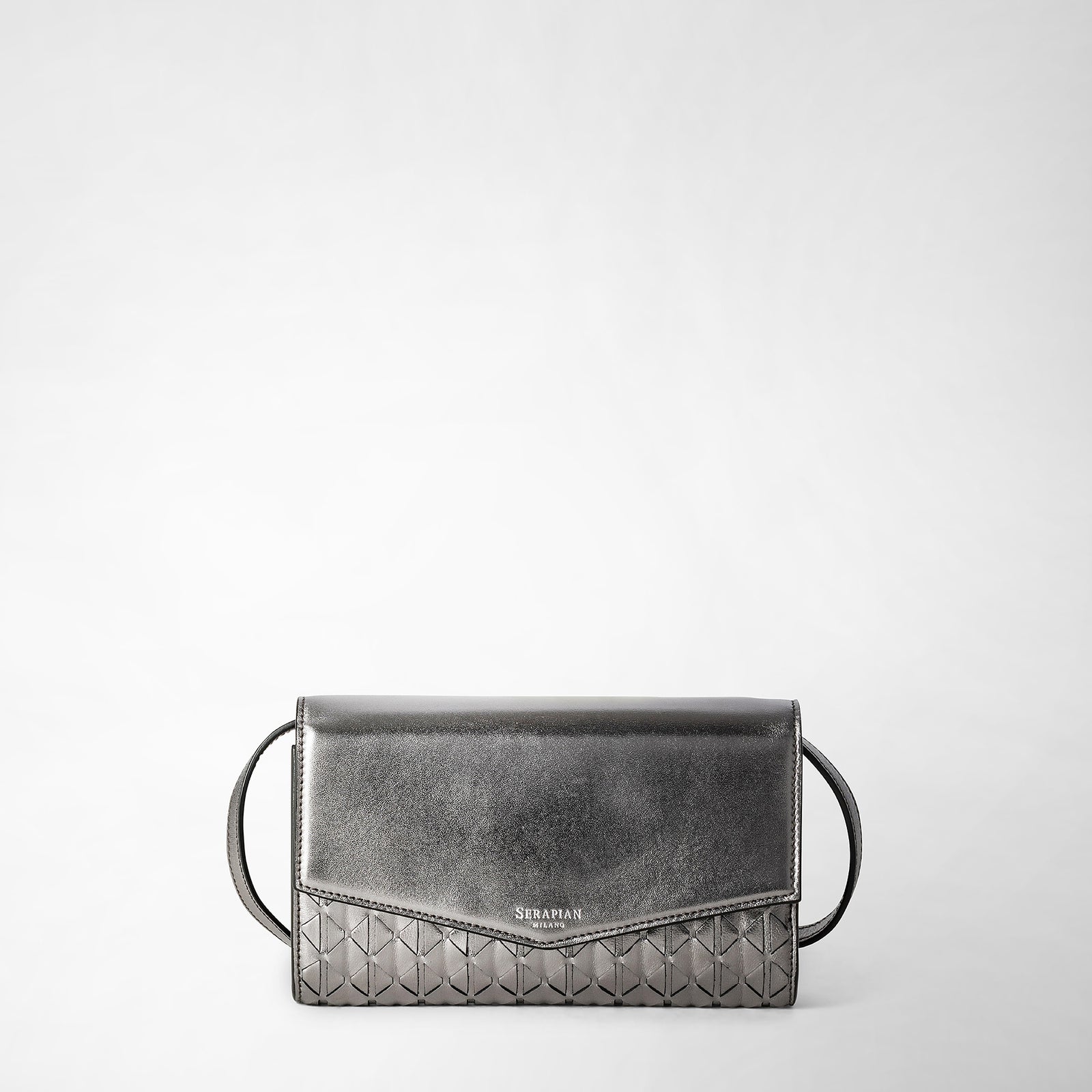 Clutch with shoulder strap in mosaico ruthenium