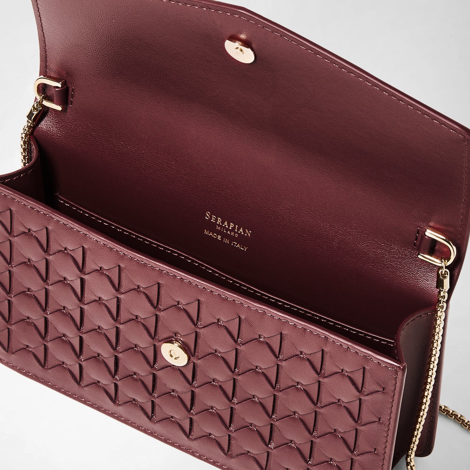 Clutch bag with chain in Mosaico leather rosewood