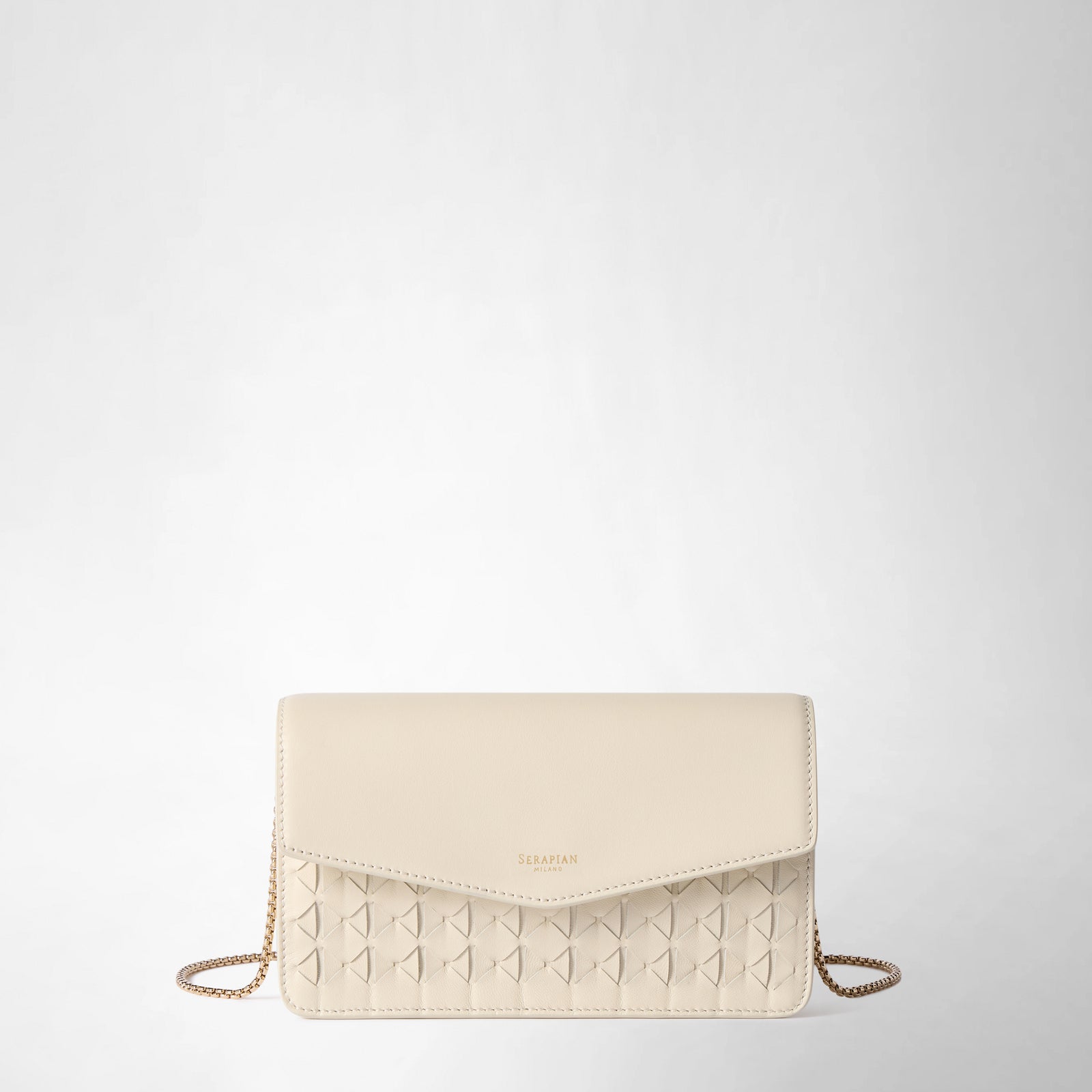 Leather clutch Bag with chain in Mosaico off-white