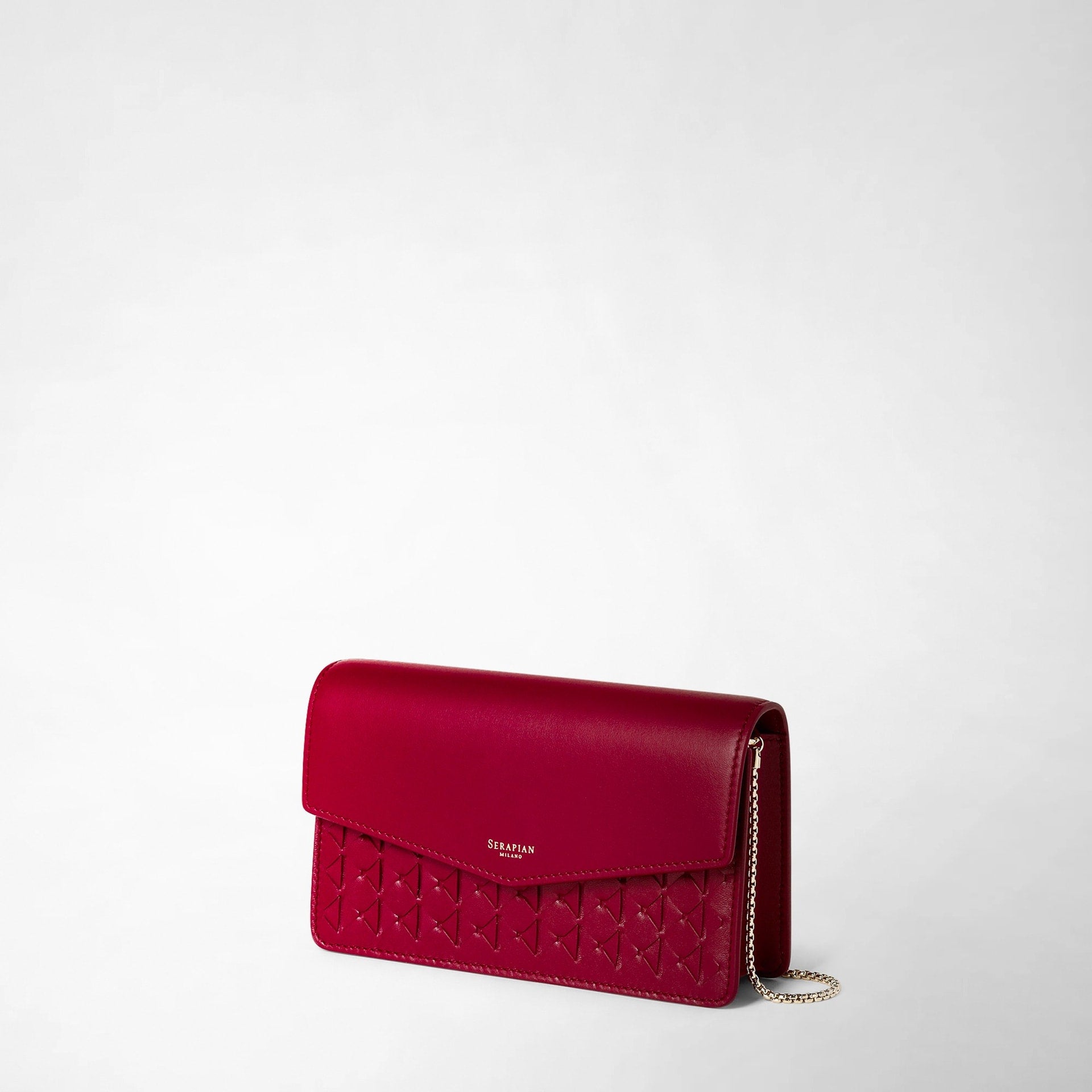 Leather clutch bag with chain in Mosaico lipstick – Serapian 