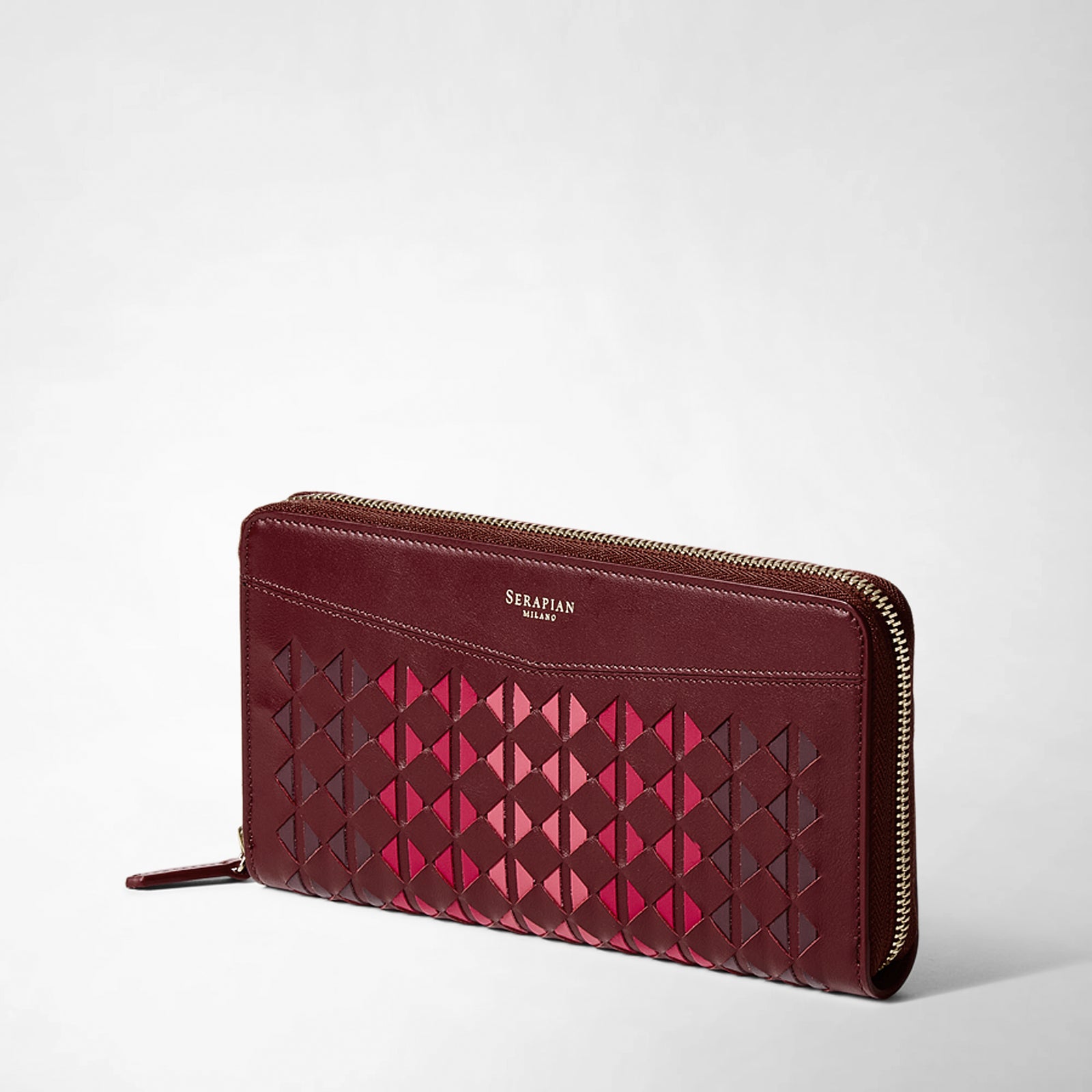 Large zip around wallet in Mosaico leather rosewood
