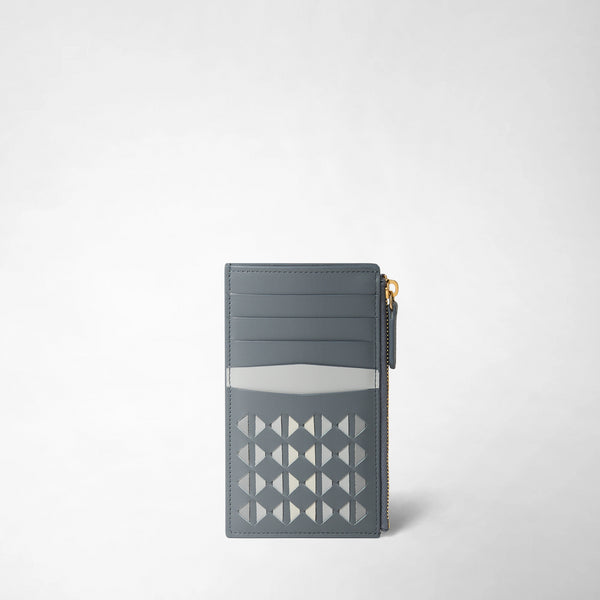 Front view of ZIP CARD CASE IN MOSAICO made of storm-colored Mosaico leather, card slots, and gold zipper.