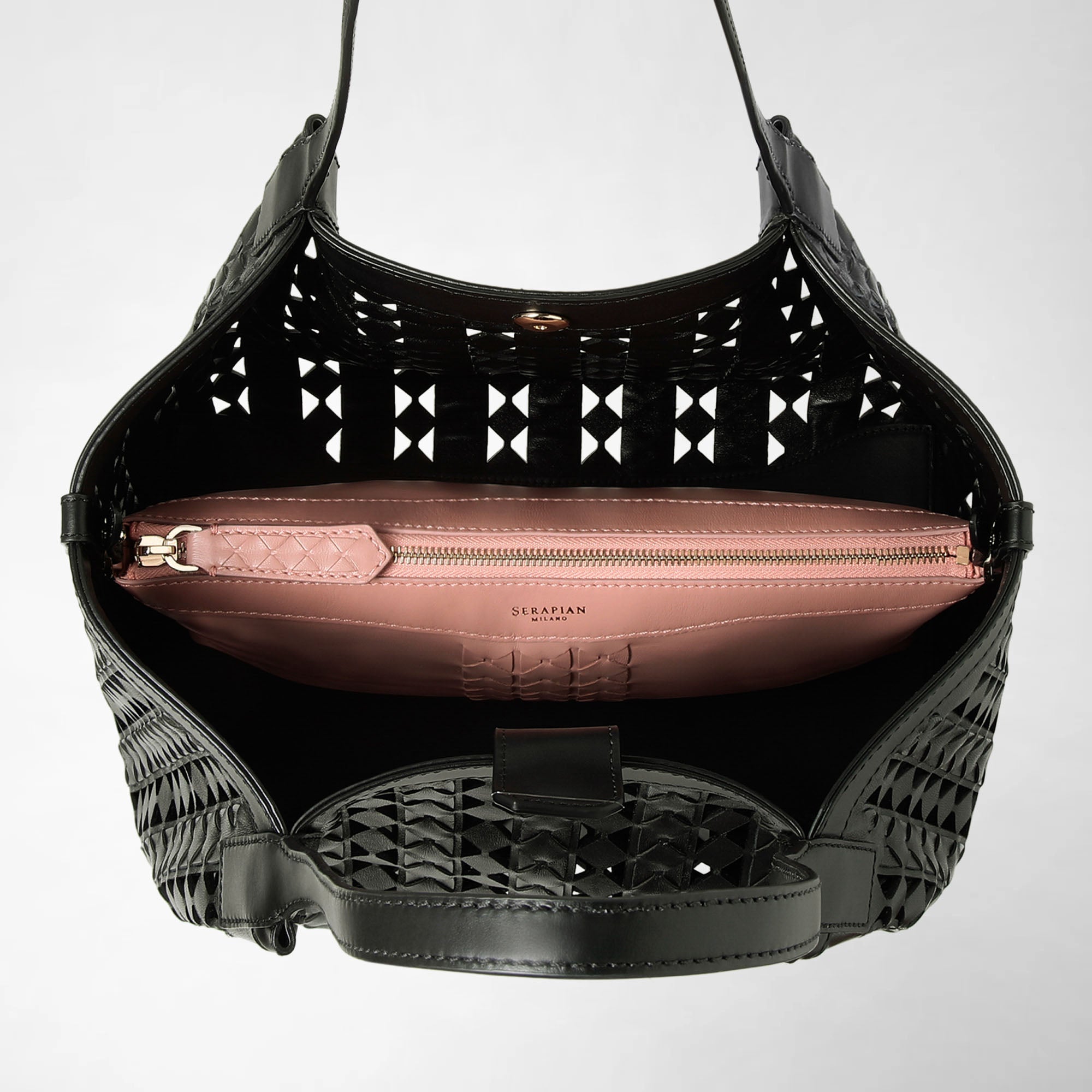 【SERAPIAN】MOSAICO SEE THROUGH製スモールSECRETトートバッグ Secret tote bag in mosaico black