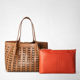 Small secret tote bag in mosaico see through - tan/coral red