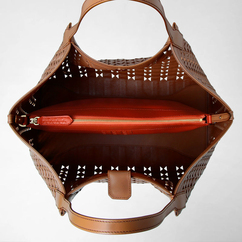 Secret tote bag in mosaico see through - tan/coral red