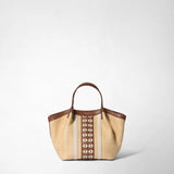 Mini secret bag in raffia and seta leather - natural/tan/off-white